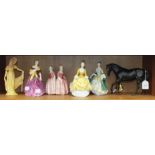 Three Royal Doulton figurines, 'Adrienne' HN2152, 'Coralie' HN2307, 'Elegance' HN2264, a Wade