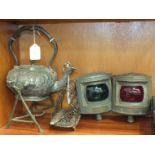 Two starboard bow lights, pattern 2202, 16cm, a plated spirit kettle on stand, (no burner) and a