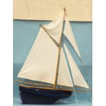 A wooden pond yacht, recently-restored, "May of Hayle", complete with rigging and sails, 117cm long,