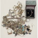 A pair of 9ct gold ear studs and a quantity of silver jewellery, including a silver bangle set two