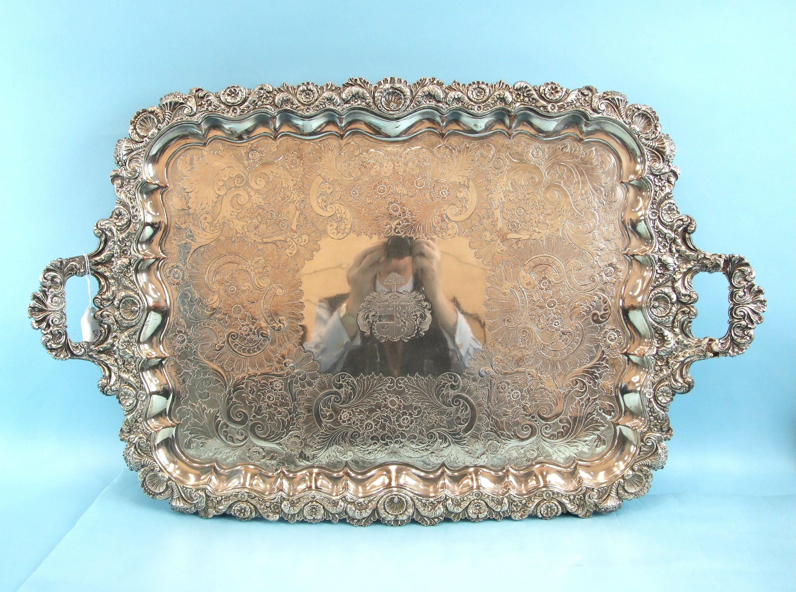 A 19th century large rectangular two-handled tray with etched foliate and floral decoration and