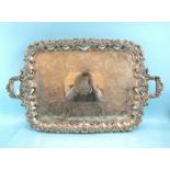 A 19th century large rectangular two-handled tray with etched foliate and floral decoration and