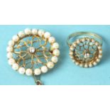 A modern 14ct gold brooch of circular form, the border set cultured pearls around a pierced open-