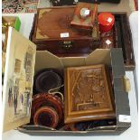 A modern Oriental-style wooden jewellery box, 30.5cm wide, 11cm high, 20cm deep, three various