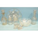 A pair of oval glass salts with silver spoons, other glassware, a folding oak photograph frame,