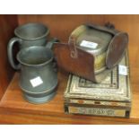 A pair of silver-backed clothes brushes, (marks rubbed), an inlaid box and two pewter tankards.