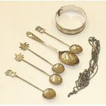 A modern silver bracelet, Birmingham 1973, ___1½oz, five silver and white metal teaspoons, etc.