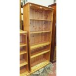 A set of modern pine open shelves, 80cm wide, 183cm high and a similar smaller set, 80cm wide, 120cm