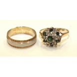 A 9ct gold ring set synthetic green and white stones and a 9ct gold wedding band, 5g, (2).