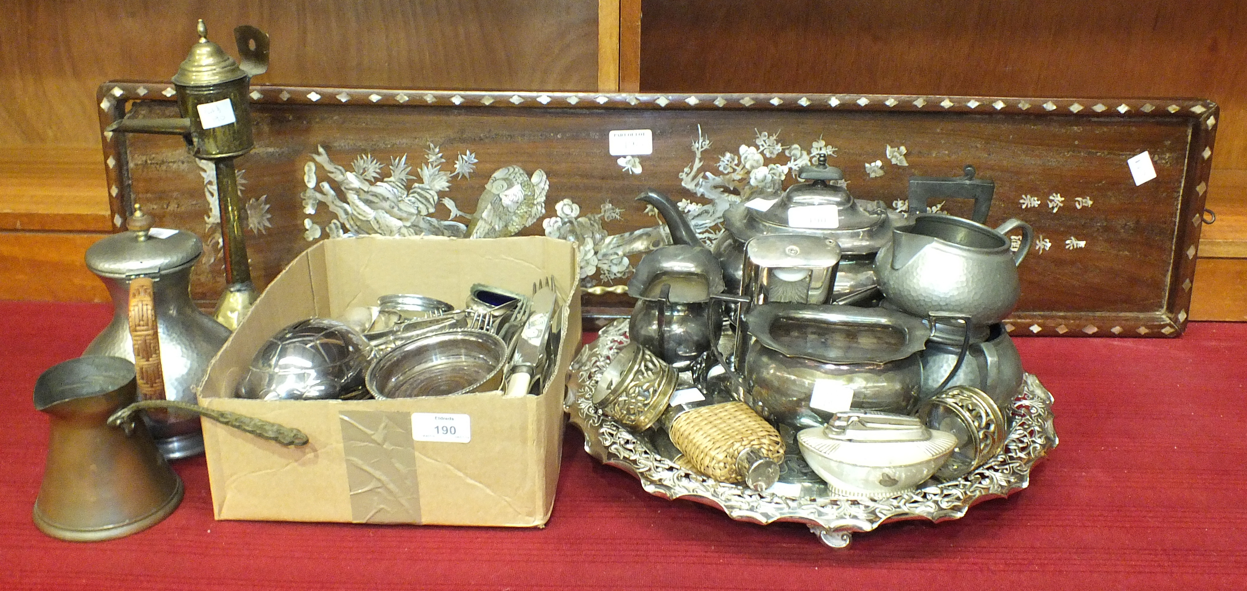 A quantity of plated cutlery, a three-piece plated tea service, other platedware and metalware.