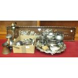 A quantity of plated cutlery, a three-piece plated tea service, other platedware and metalware.