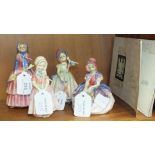 Four Royal Doulton figurines, 'Monica' HN1467, 11cm, 'Biddy' HN1513, 14.5cm, 'Babie' HN1679, 13cm