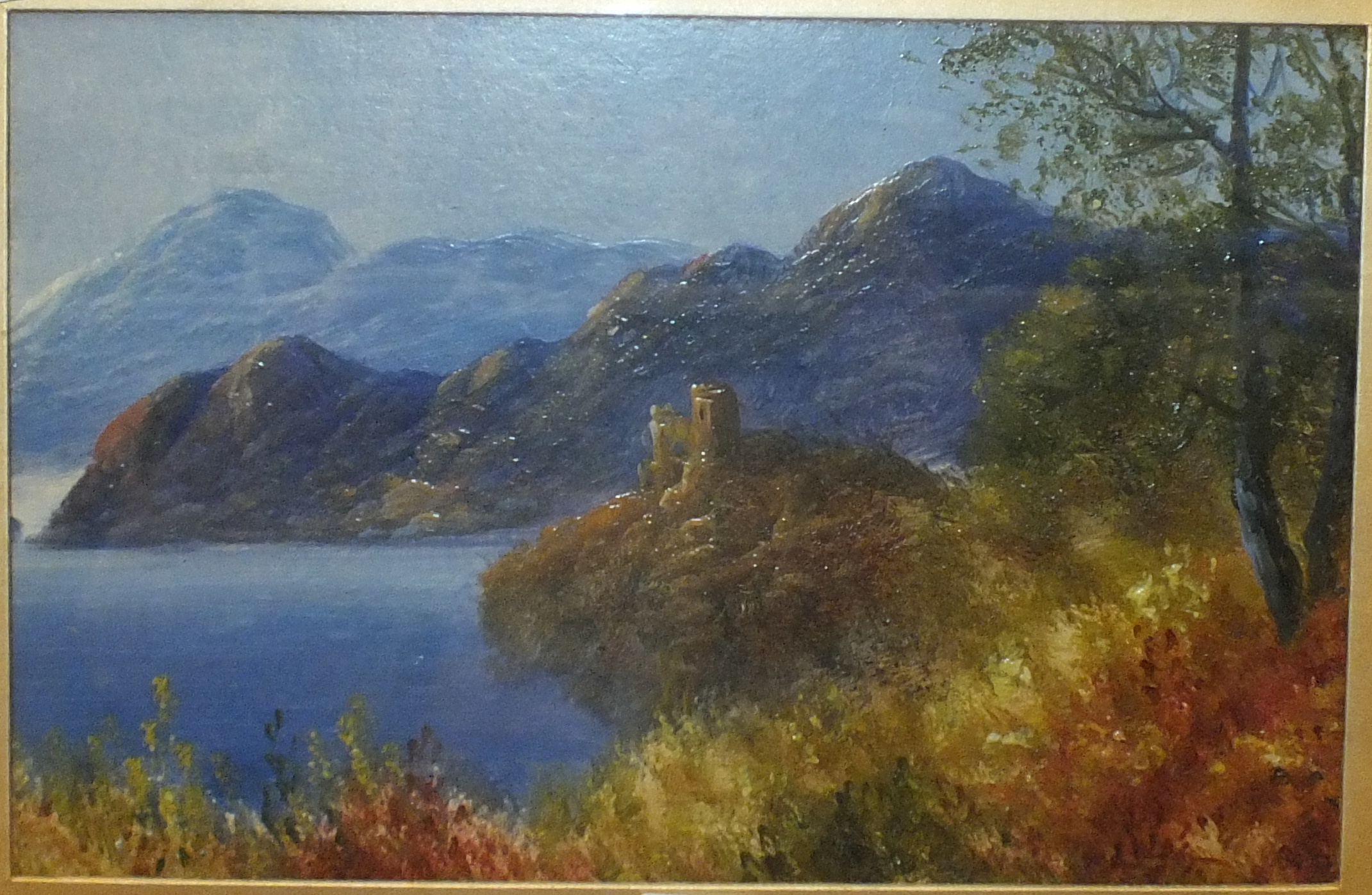 George Jennings, 'Castle remains beside a mountainous lakeland scene', unsigned oil painting, 19.5 x