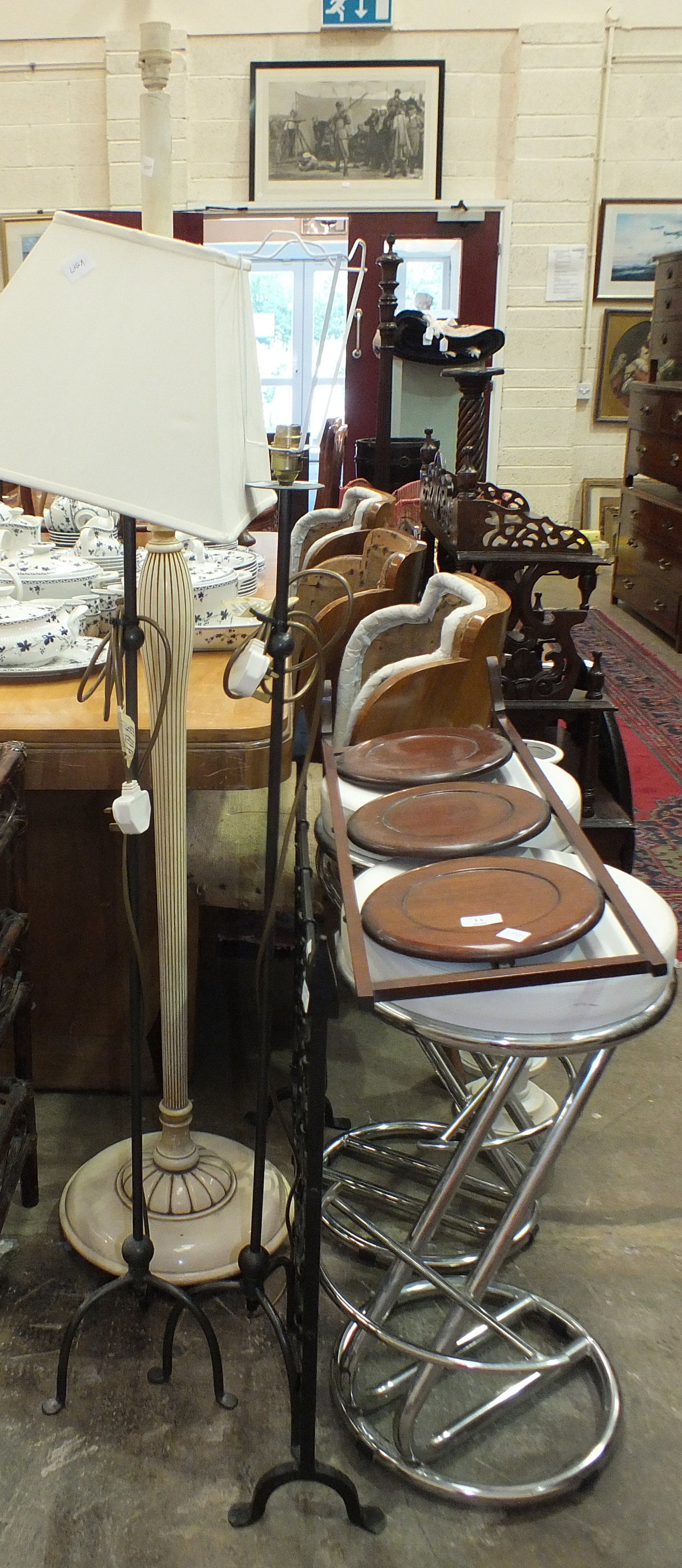 A mahogany three-tier folding cake stand, a pair of modern chrome-framed breakfast bar stools and - Image 2 of 2