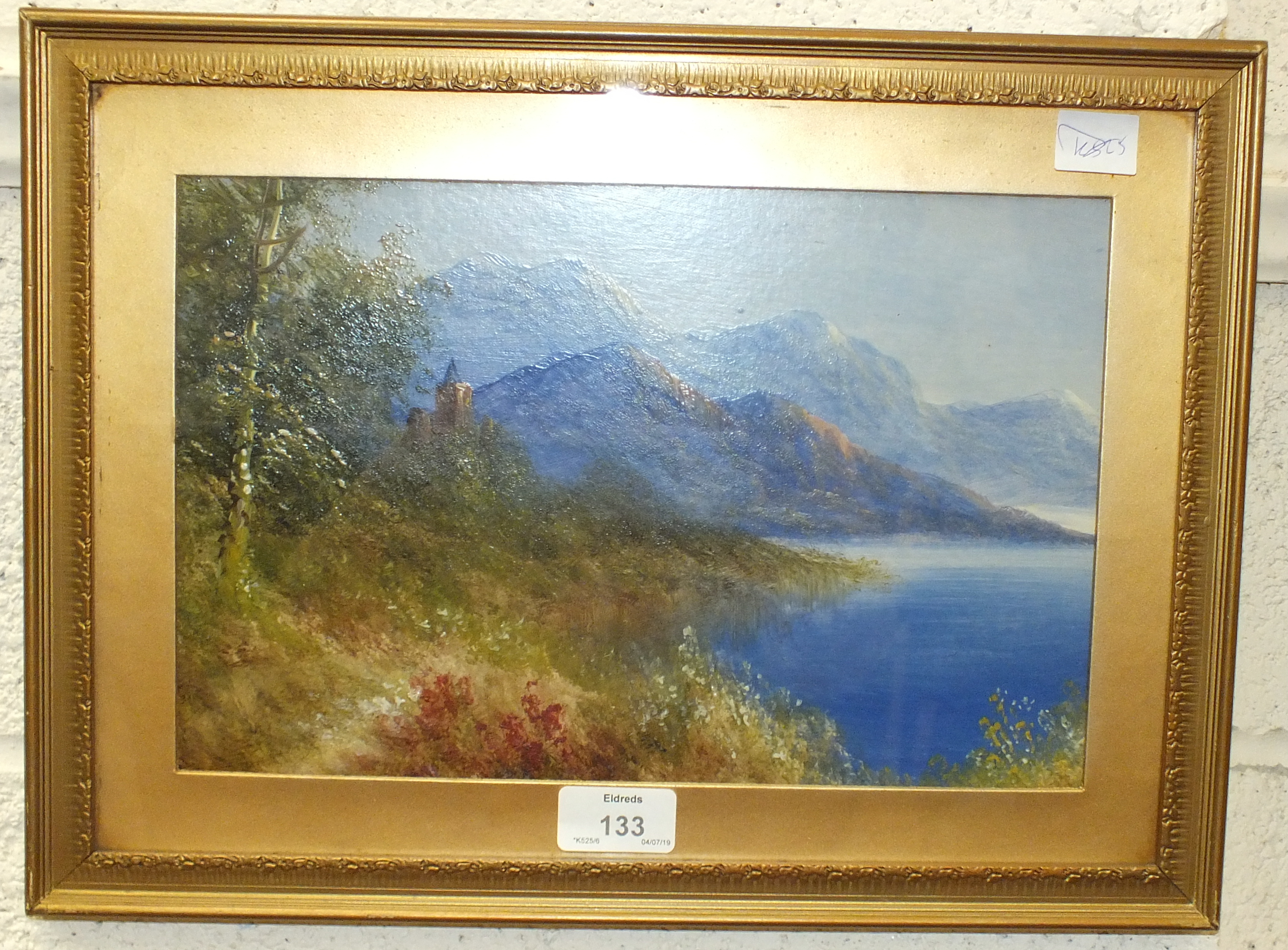 George Jennings, 'Castle remains beside a mountainous lakeland scene', unsigned oil painting, 19.5 x - Image 2 of 4