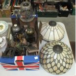 A Smith's metal case lantern clock, 25cm high, various metal table lamps and other metalware and