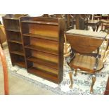 A set of wooden open bookshelves, 76cm wide, 110cm high, a set of small oak shelves, a small oak