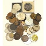 Three British trade one-dollar coins, 1899, 1929, 1930, a USA 1878 one-dollar coin and other coins.