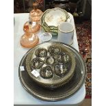 A set of six modern smoky glass oyster plates, other glassware and ceramics.