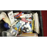 A quantity of modelling paints, oils, brushes, tools, etc, a quantity of OO gauge card model