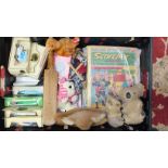 A miniature cricket bat, 35cm long, various diecast cars, boxed, annuals, children's books, soft