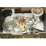 A three-piece Picquot Ware tea service, other metalware, picture frames and miscellaneous items.