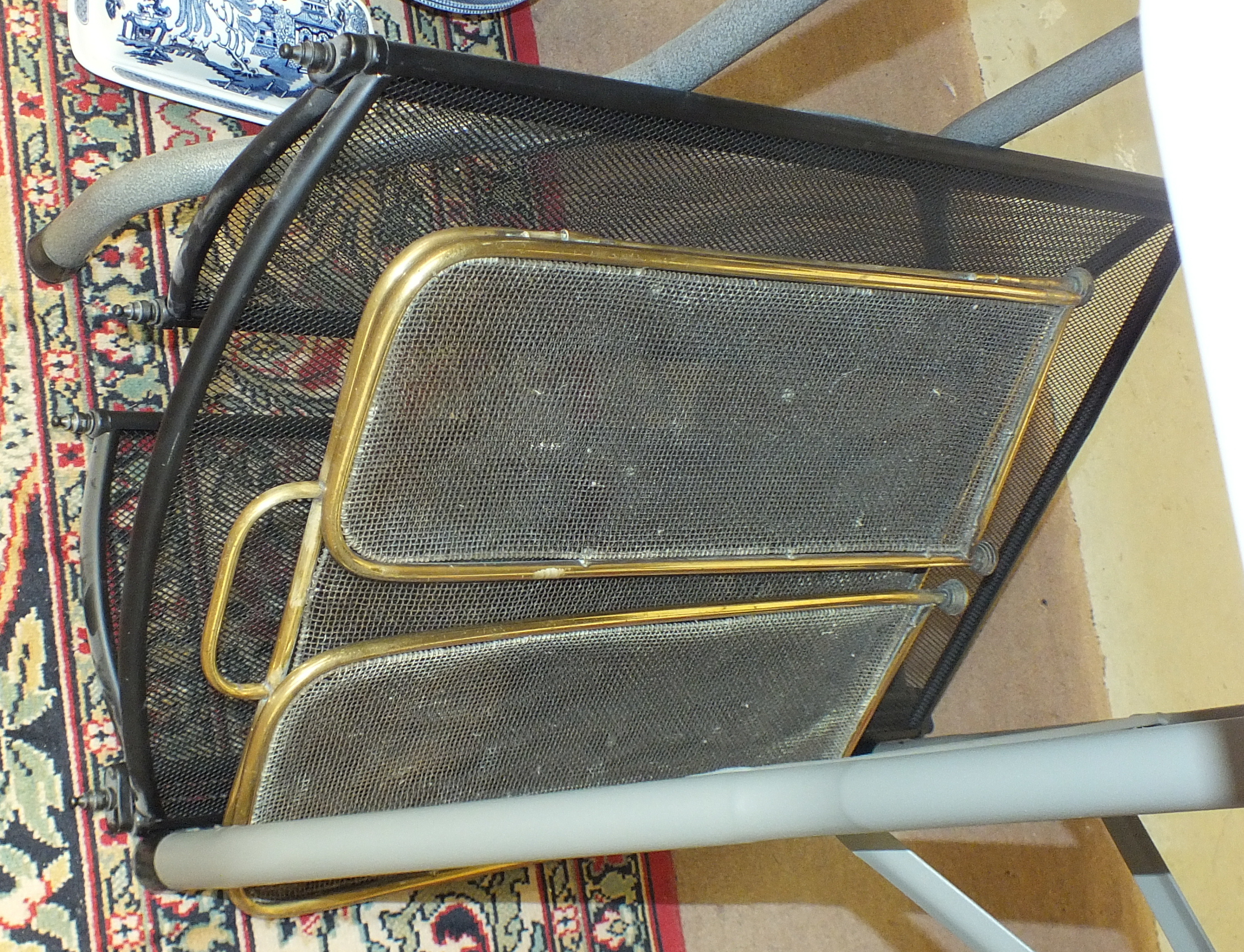 A brass pierced fire kerb, 105cm wide, a brass coal bucket, fire brasses, spark guard and other - Image 2 of 2