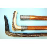 A horn-handled silver-mounted walking stick, 90cm, one other horn-handled walking stick and a