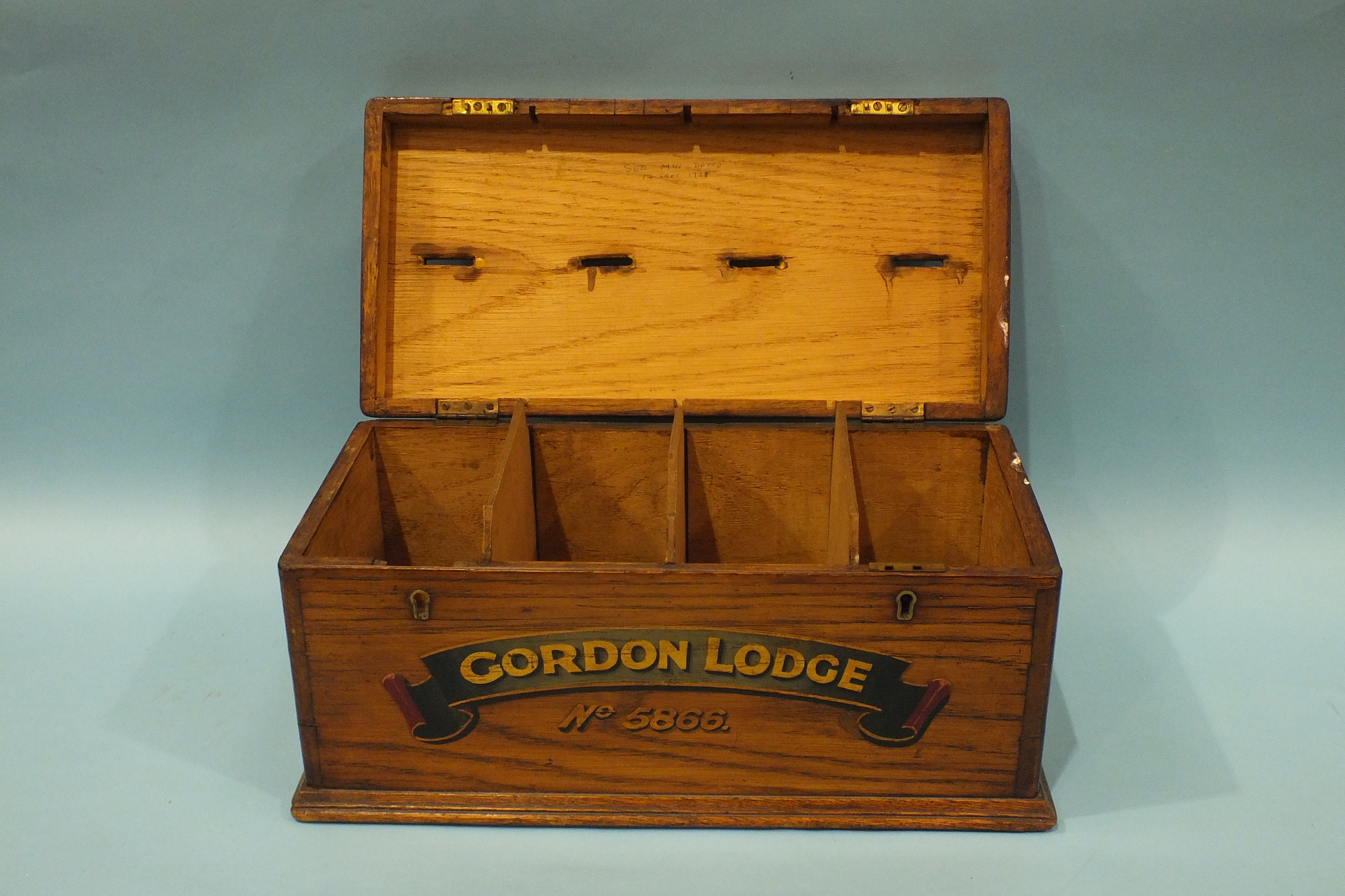 An oak ballot box of Masonic interest, 'Gordon Lodge No.5866', 41cm. - Image 4 of 6