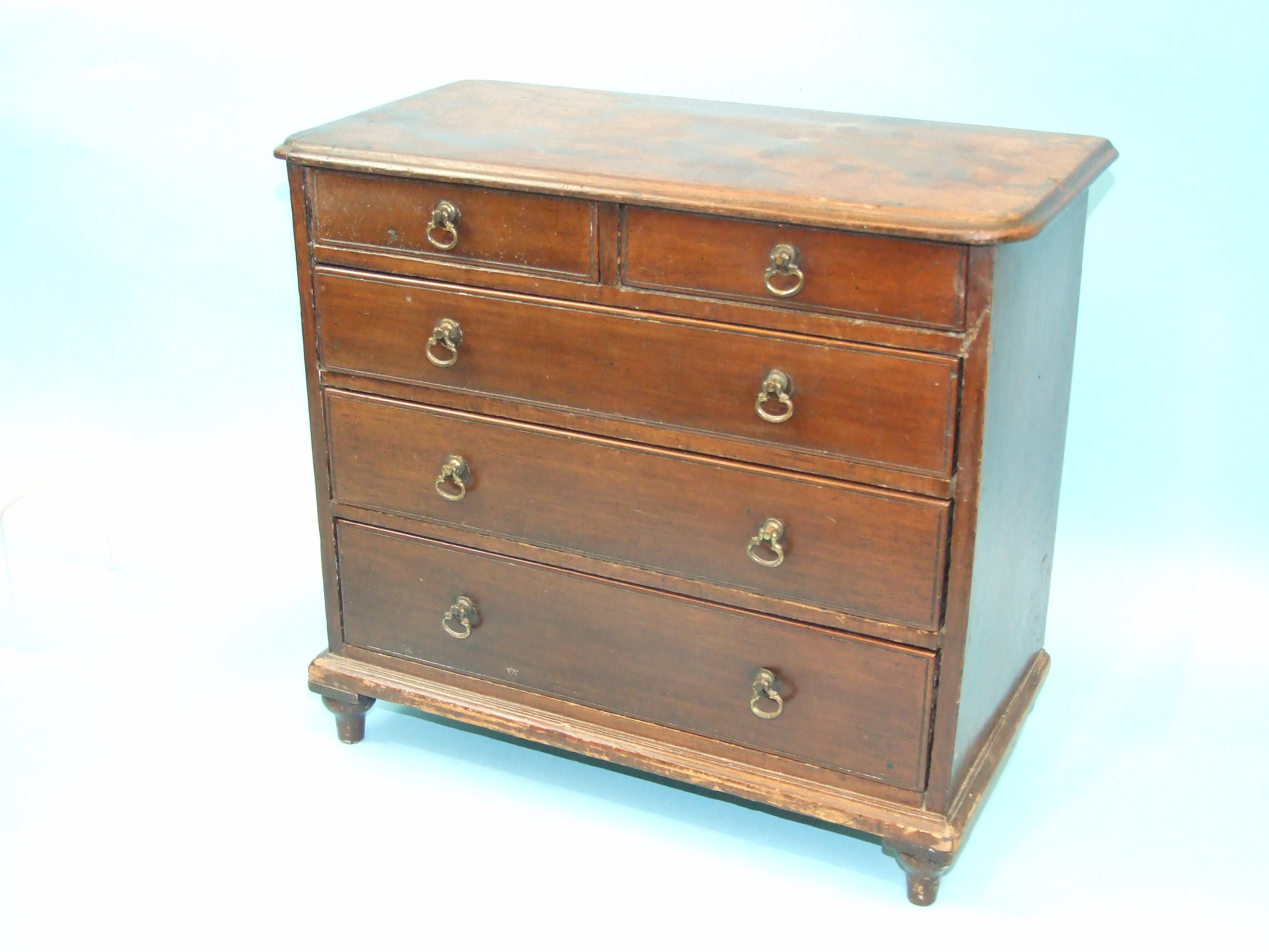 A late-19th century miniature mahogany chest of two short and three long graduated drawers, on - Image 2 of 2