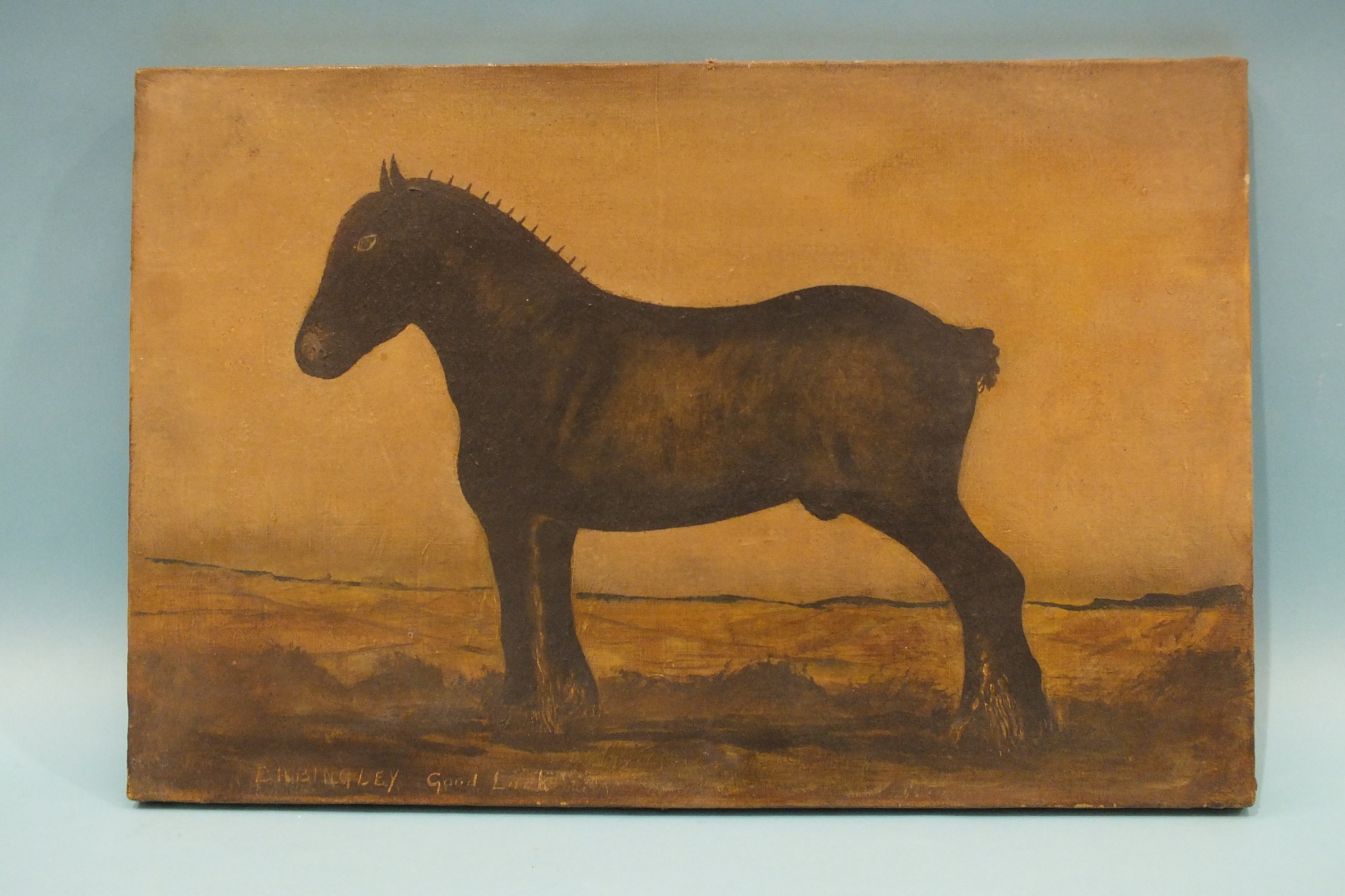19th century Naïve School STUDY OF A WORKING HORSE IN A LANDSCAPE Oil on canvas, inscribed 'E A