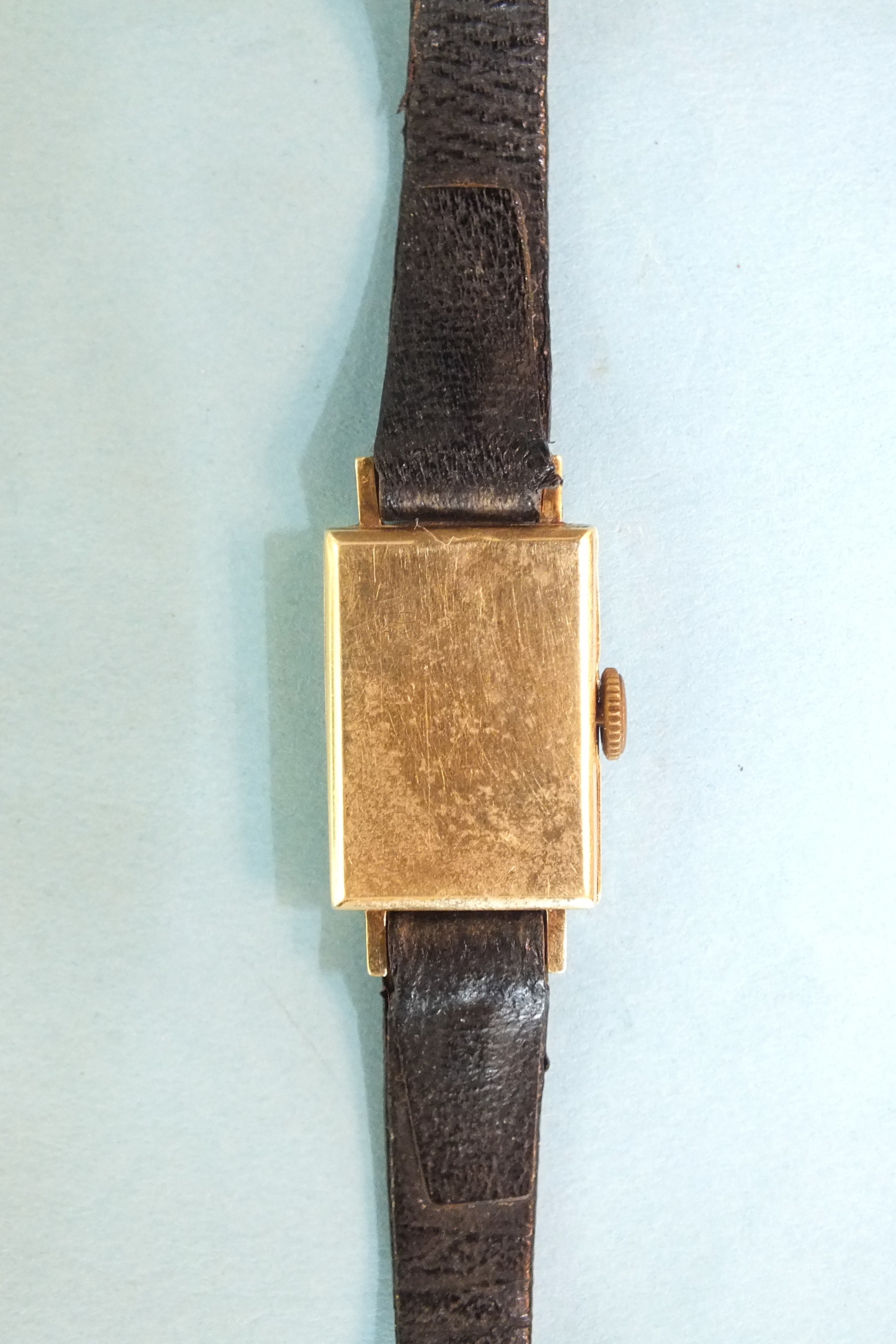 B.C.P, a lady's 14ct gold rectangular-face wrist watch, on leather strap. - Image 2 of 2