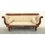 A Victorian mahogany scroll-end settee, on turned legs with modern castors, 193cm wide.