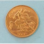 An Edward VII 1909 gold half-sovereign.