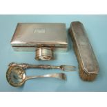 An engine-turned silver cigarette box, (dented), Birmingham 1935, 9 x 15 x 3.5cm, a silver sifter