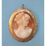 A modern shell cameo brooch/pendant depicting a lady's profile, with engraved 14ct yellow gold