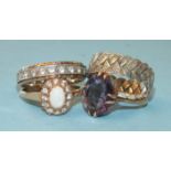 A 9ct gold ring set amethyst, size O, 3.3g, an opal and synthetic white stone cluster ring in 9ct