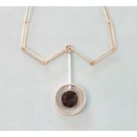 A Danish silver necklace of modernist design by From, collet-set a smoky quartz suspended on a bar