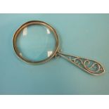 A silver magnifying glass with scrolling handle, 17cm long, maker Lawrence Emanuel, Birmingham