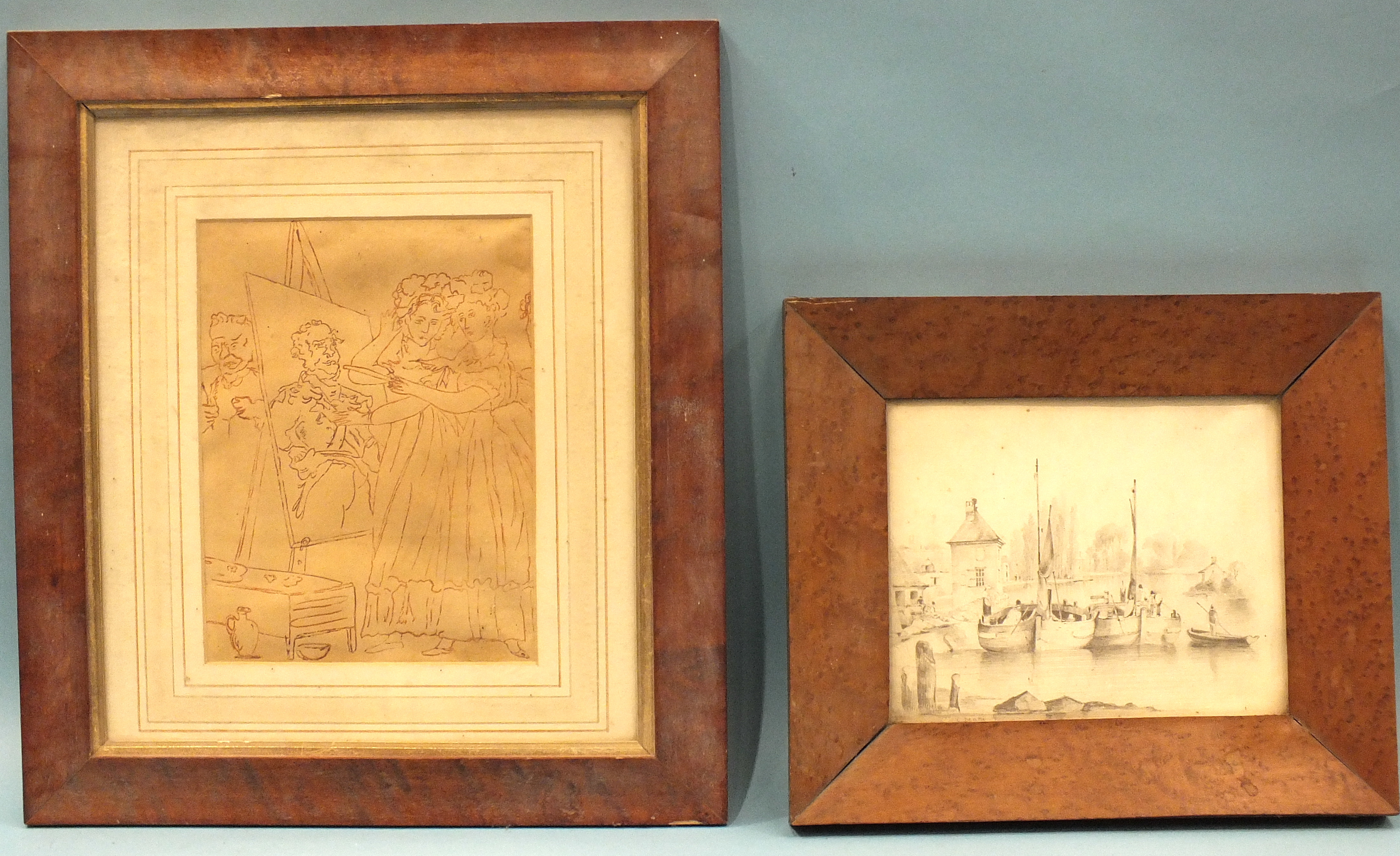 19th century THE ARTIST'S STUDIO Red ink sketch, unsigned, 24 x 19cm and a pencil sketch 'Fishing - Image 3 of 3