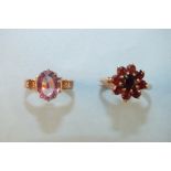 An unmarked rose gold ring set amethyst and a 9ct gold ring set garnet cluster, both size O, 5g.
