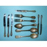 Two pairs of Georgian fiddle and shell pattern dessert spoon and fork, maker WC, London 1826,