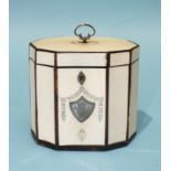 A Georgian ten-sided ivory, tortoiseshell and mother-of-pearl inlay tea caddy with white metal