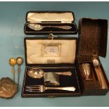 A cased Harrods christening set comprising spoon, fork and napkin ring, makers Wakeley & Wheeler,