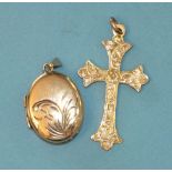 A 9ct gold cross with scroll-engraved decoration and a small 9ct gold locket, total 4.3g.