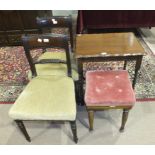 Two Regency mahogany dining chairs, A Victorian upholstered stool and an oak occasional table, (4).