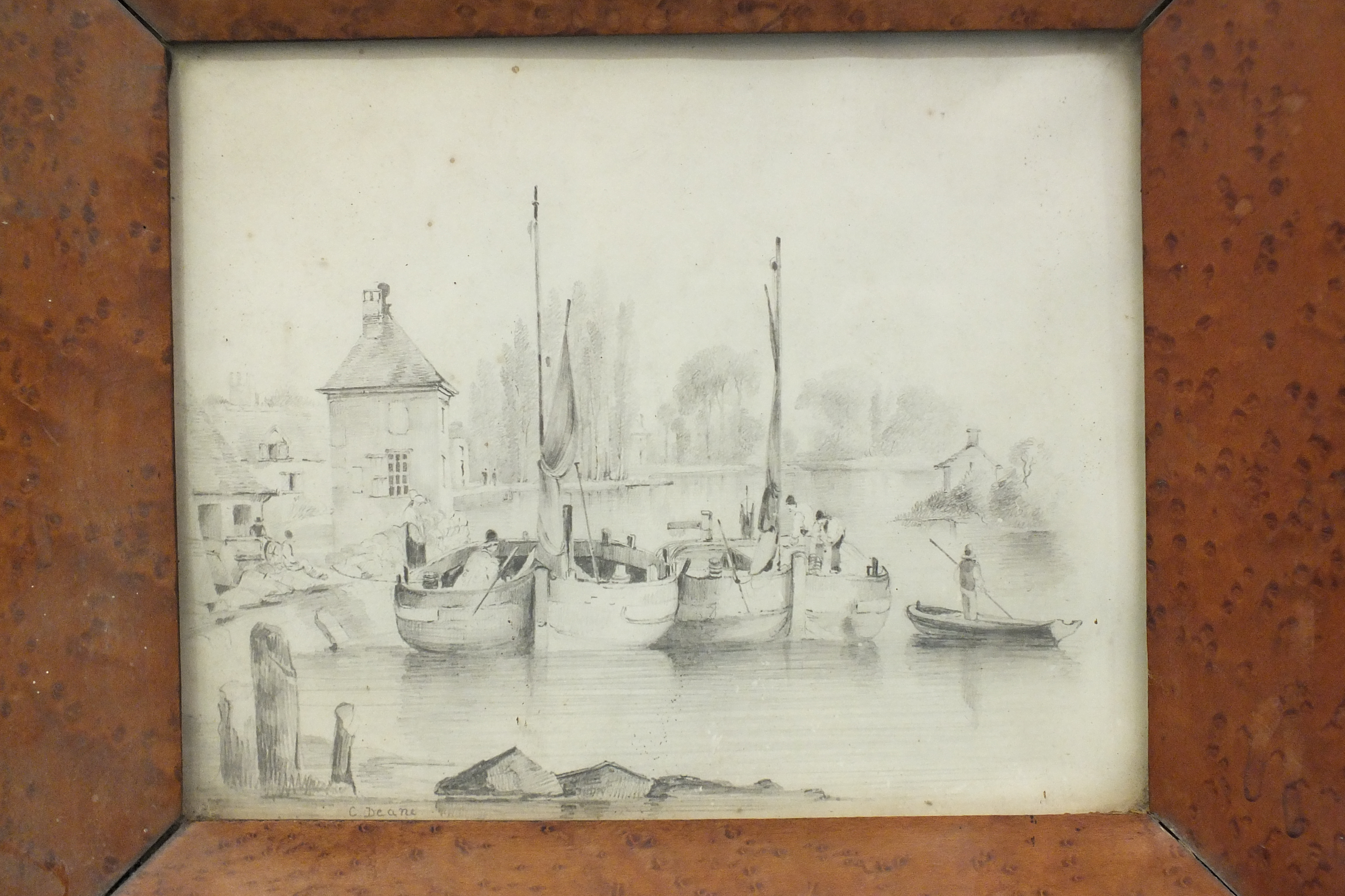 19th century THE ARTIST'S STUDIO Red ink sketch, unsigned, 24 x 19cm and a pencil sketch 'Fishing - Image 2 of 3