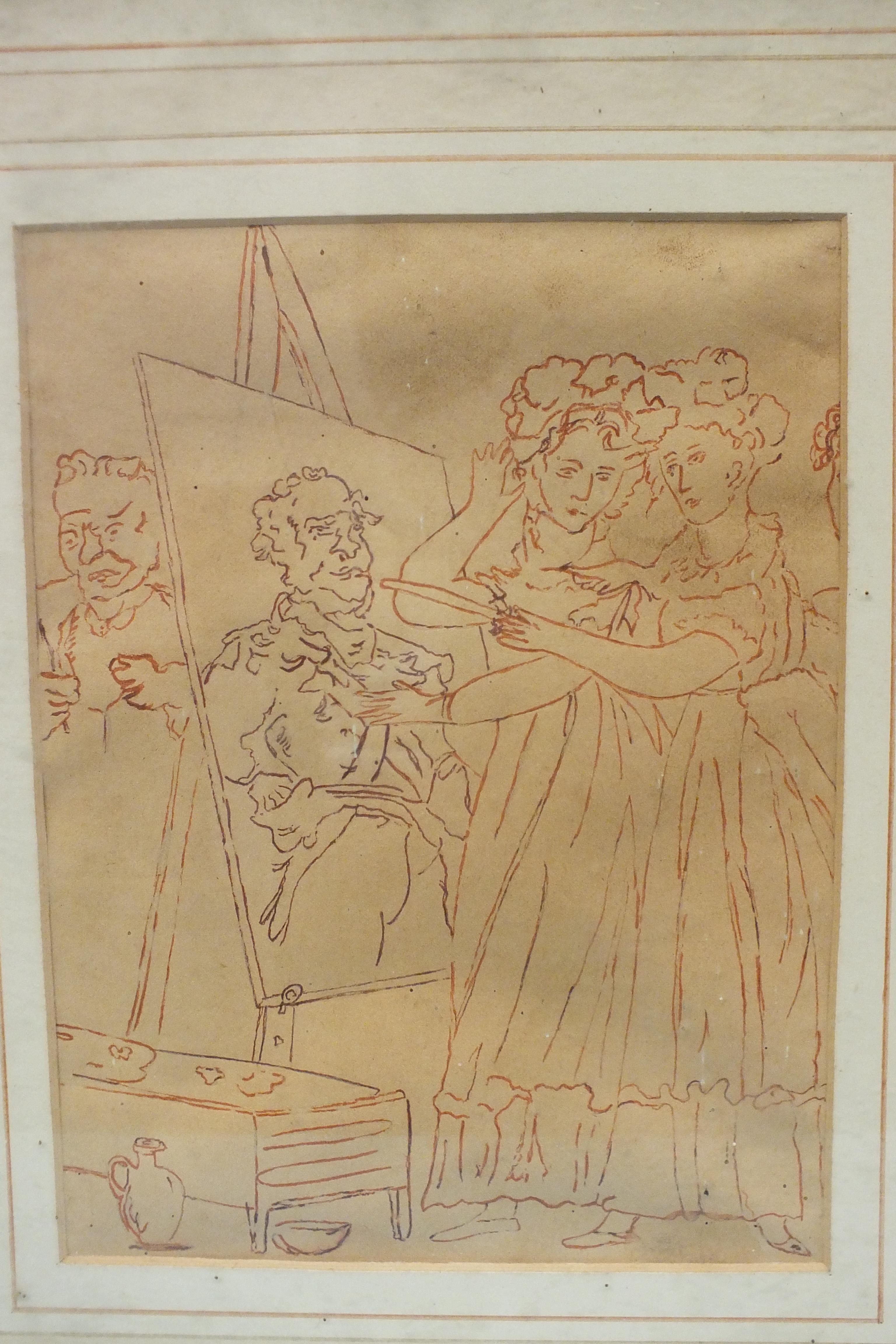 19th century THE ARTIST'S STUDIO Red ink sketch, unsigned, 24 x 19cm and a pencil sketch 'Fishing