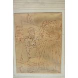 19th century THE ARTIST'S STUDIO Red ink sketch, unsigned, 24 x 19cm and a pencil sketch 'Fishing