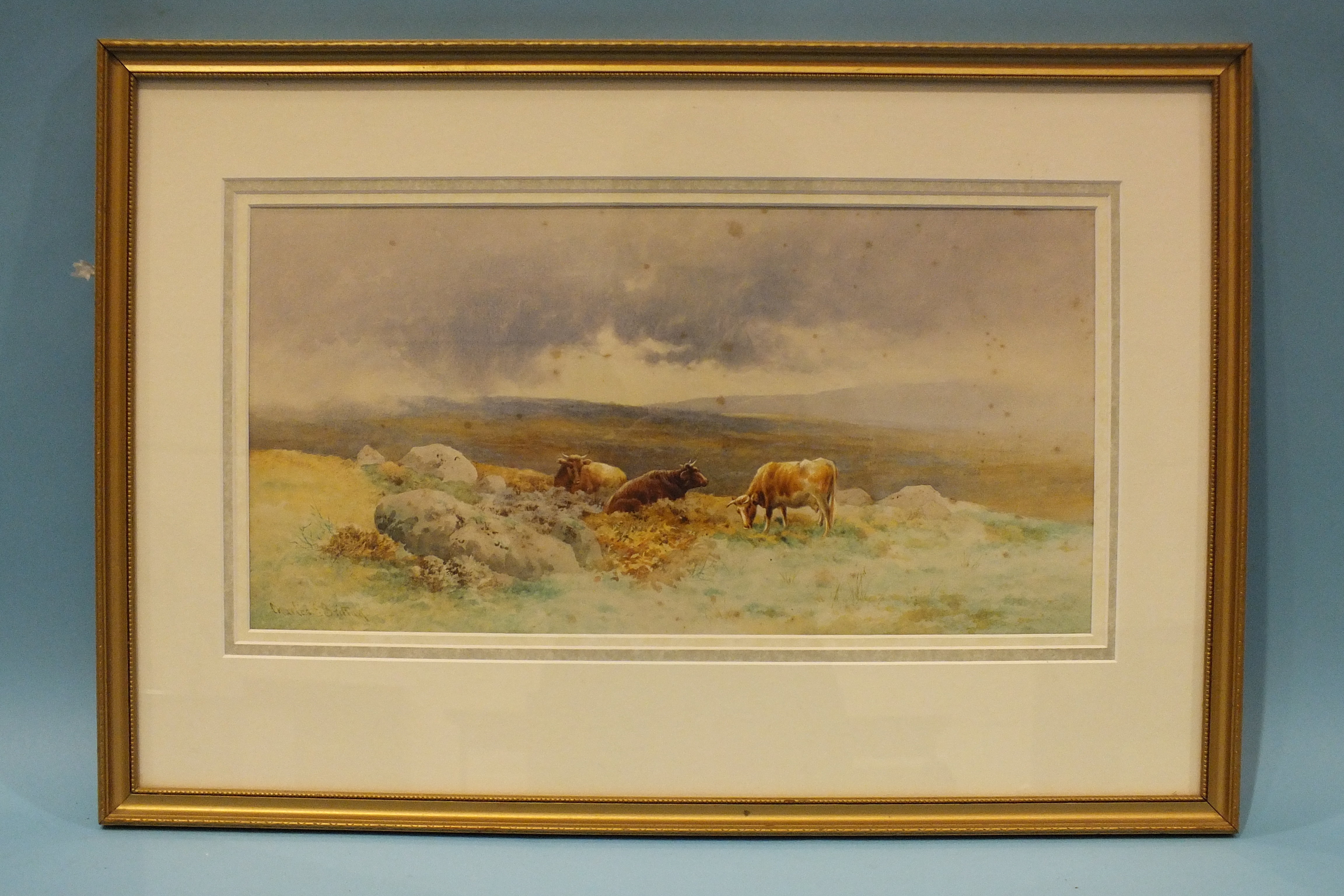 Charles Edward Brittan (1870-1949) NEAR BRIDESTOW, DEVON, CATTLE GRAZING ON MOORLAND HILLSIDE - Image 2 of 4